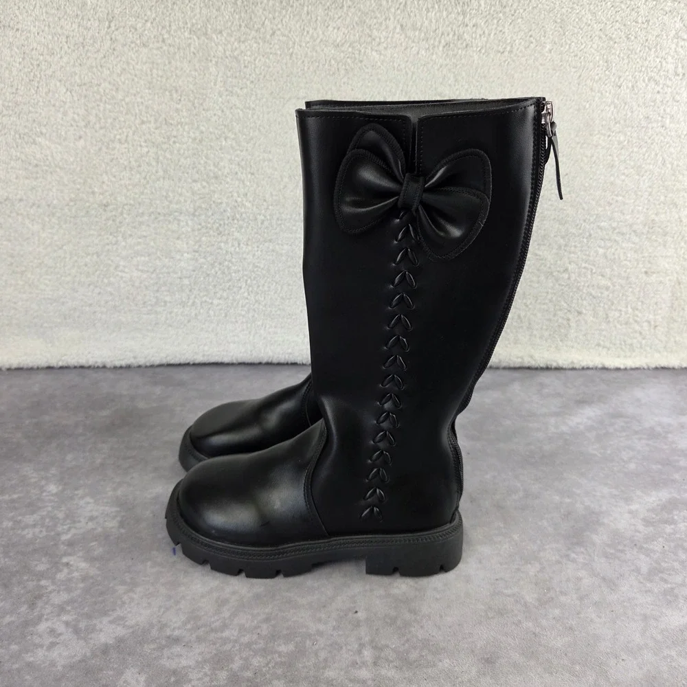 Kids Black Bow Detail Tall Lug Sole Boots Rear Zip Platform Size 33 S1890
